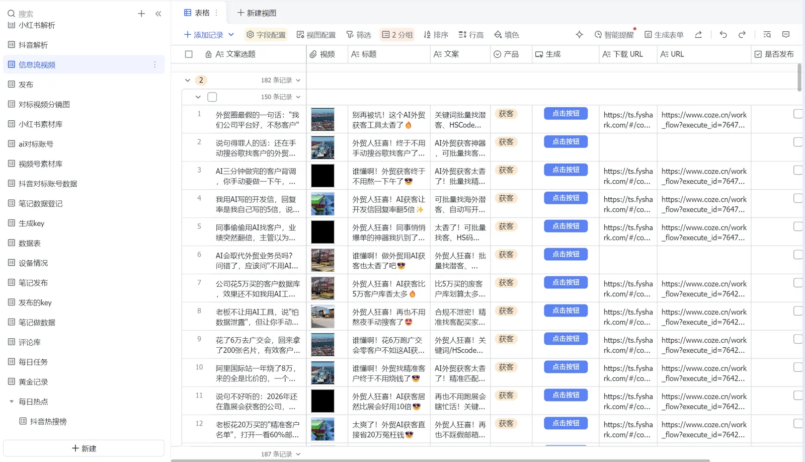 飞书 Base 内容运营工作台，包含 187 条记录